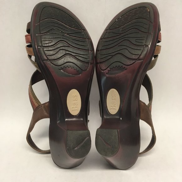 Bass Juliana 9M Leather Strappy Medium Wedge Brown Rust Green Tan EUC - Picture 4 of 7